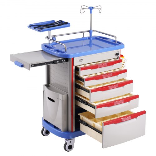 

VEVOR 5 Tiers Lab Carts Mobile Medical Cart with 5 Drawers & 2 Trash Cans Blue