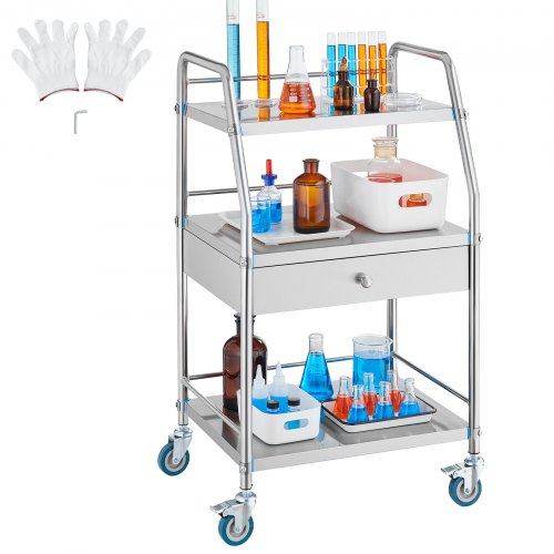 

Lab Rolling Cart Dental Lab Serving Cart 3 Tiers Drawer Stainless Steel