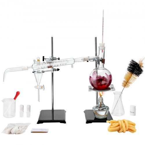 VEVOR Essential Oil Distillation Kit, 500ml Distillation Apparatus, 3.3 Boro Lab Glassware Distillation Kit with 1000W Heating Plate and 24, 40 Joint,