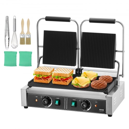 VEVOR Commercial Panini Grill, 3600W Electric Sandwich Panini Maker, Stainless Steel Double Sandwich Press, Panini Grill Temp Control, 48x23cm Full Grooved Enamel Plate, for Hamburger Steak Bacon