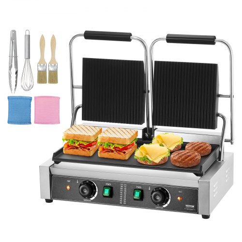 VEVOR Commercial Panini Grill, 3600W Electric Sandwich Panini Maker, Stainless Steel Double Sandwich Press Grill, Panini Grill with Temp Control, 48x23cm Flat Enamel Plate for Hamburger Steak Bacon