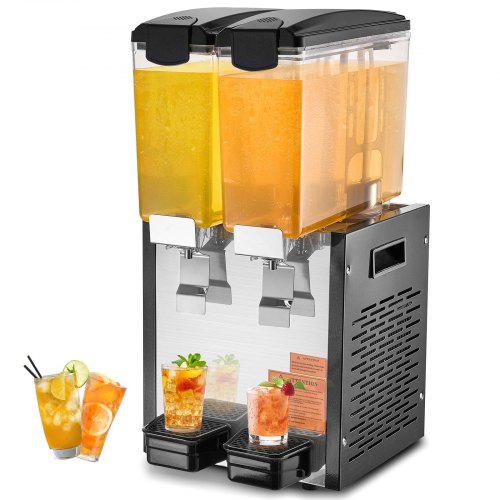 

VEVOR Commercial Beverage Dispenser, 2 Tanks 10 L / 10.6 QT Per Tank Juice Dispenser, 270W Stainless Steel Ice Tea Drink Machine with 45°F-54°F Cooling Temperature, for Cold Drink Restaurant Bar Party