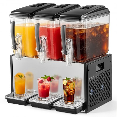 VEVOR Commercial Beverage Dispenser 3 Tanks 12 L / 12.7 QT Per Tank, Stainless Steel Juice Dispenser, Ice Tea Drink Machine with 45℉ to 54℉ Cooling Temperature, for Cold Drink Restaurant Bar Party
