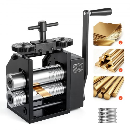 VEVOR Rolling Mill 4-in-1 Round Flat Square Half-Round Pressing Roller Mill, Manual Jewelry DIY Tool, 0.03-7 mm Adjustable Thickness, Stable & Even Rolling, for Ductile Metals, Gold, Silver, Copper