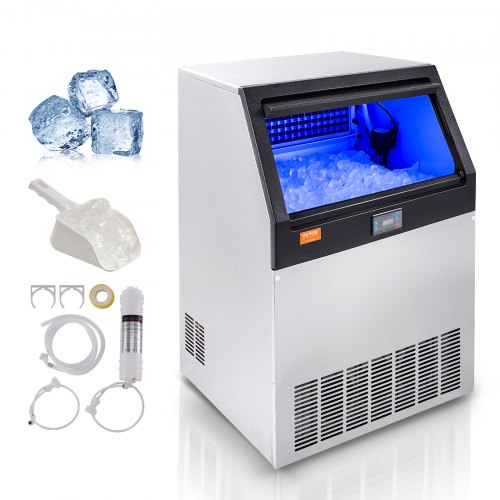 Vevor Commercial Ice Maker, 200lbs/24H, Ice Maker Machine, 90 Ice Cubes in 12-15 Minutes, Freestanding Cabinet Ice Maker with 66lbs Storage Capacity LED Digital Display, for Bar Home Office Restaurant