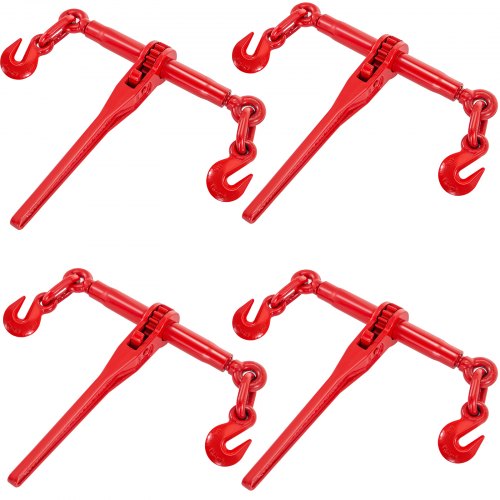 VEVOR Chain Binder 3/8in-1/2in, Ratchet Load Binder 9215lbs Capacity, Ratchet Lever Binder w/ G70 Hooks, Adjustable Length, Ratchet Chain Binder for Tie Down, Hauling, Towing, 4-Pack in Red