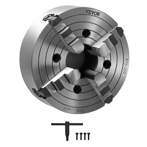 VEVOR 4-Jaw Lathe Chuck, 10 in (250 mm), Lathe Chuck, 0.6-9.84 in (15-250 mm) Clamping Range with T-key Fixing Screws Reversible Jaws, HT300 Cast Iron Material, Internal External for Wood Metal Lathe