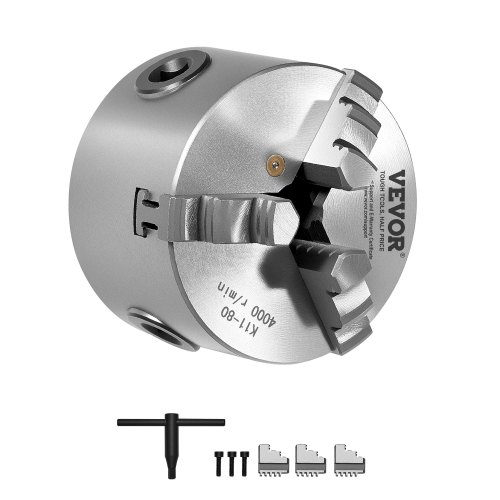 

VEVOR 3-Jaw Lathe Chuck, 3 Inch (80 mm), Self-Centering Chuck, 0.08-2.48 in (2-63 mm) Clamping Range with T-key Fixing Screws Reversible Jaws, HT300 Material, Internal External for Wood Metal Lathe
