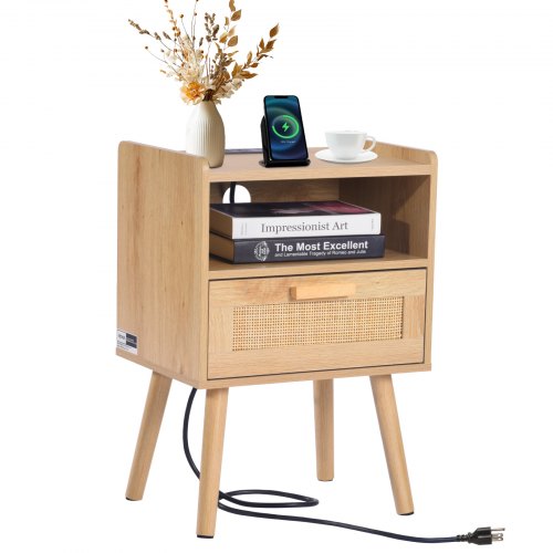 

Rattan Nightstand End Table with Drawer Open Shelf Boho Bedside Table