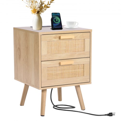 

Vevor Rattan Nightstand End Table, Side Table with 2 Hand Made Rattan Decorated Drawers, Wood Accent Table with Storage for Bedroom, Natural