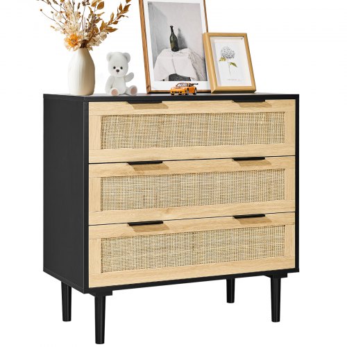 

VEVOR 3 Drawer Rattan Dresser, Boho Dresser, Rattan Chest of Drawers with Spacious Storage, Natural Rattan Dresser for Bedroom, Living Room & Hallway,Rattan Nightstand with Sturdy Handles&Legs, Black