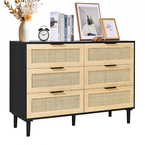 

VEVOR 6 Drawer Rattan Dresser, Boho Dresser, Rattan Chest of Drawers with Spacious Storage, Natural Rattan Dresser for Bedroom, Living Room & Hallway,Rattan Nightstand with Sturdy Handles&Legs, Black