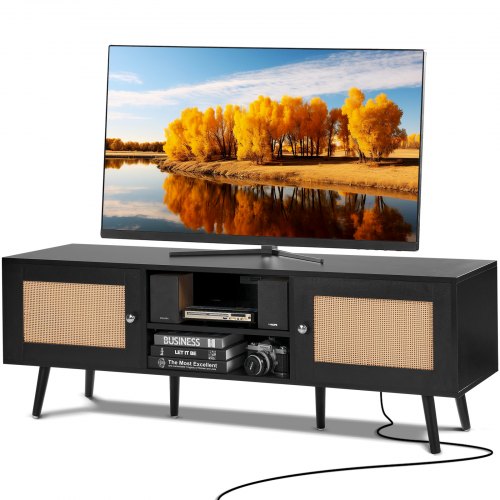 

VEVOR Rattan TV Stand for 65 inch TV, Boho TV Stand with Rattan Door, Entertainment Center with Build-in Socket and USB Ports, Modern TV Console for Living Room, Media Room, Black