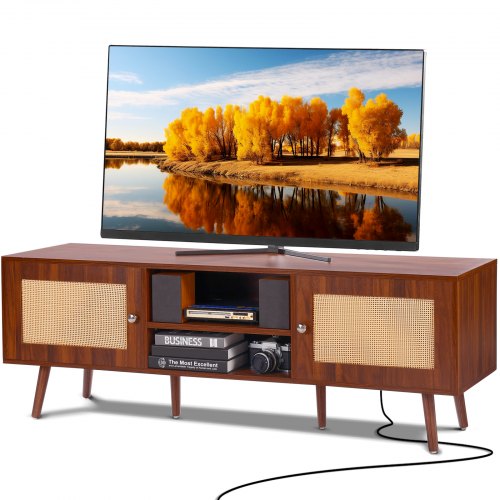 

VEVOR Rattan TV Stand for 65" TV Boho TV Stand with Build-in Socket Walnut