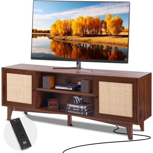 

VEVOR Rattan TV Stand for 75" TV Boho TV Stand with Build-in Socket Walnut