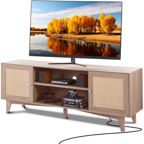 

VEVOR Rattan TV Stand, Mid Century Modern TV Stand for 75 inch TV, Boho Rattan TV Cabinet with Build-in Socket and USB Ports, Adjustable Shelfs for Living Room, Media Room, Oak