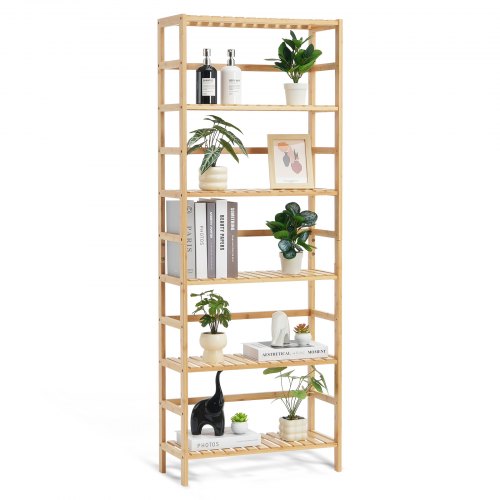 

VEVOR 6-Tier Bamboo Shelf, Rattan Shelf, Open Wood Bookshelf, Display Storage Rack Organizer, Freestanding Flower Plant Stand, Multifunctional Bamboo Bookshelf Ideal for Bathroom, Bedroom, Office, Study, Natural