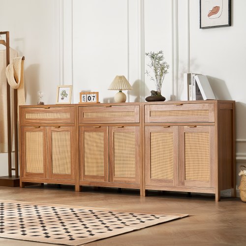 

Rattan Cabinet with 6 Doors 3 Drawers Adjustable Shelves Set of 3 Natural