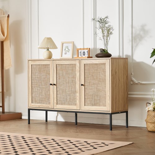 

VEVOR Rattan Cabinet Storage with 3 Magnetic Doors & Adjustable Shelves Natural