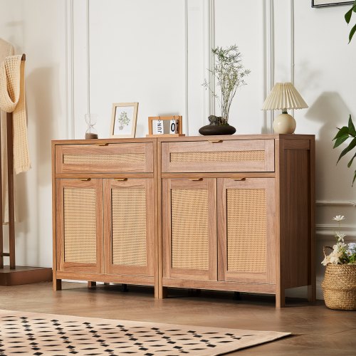 VEVOR Rattan Cabinet, Set of 2, Rattan Storage Cabinet with 4 Magnetic Doors and 2 Drawers, Sideboard Buffet Cabinet with Adjustable Shelves, for Hall