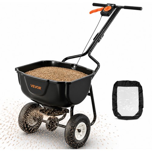 VEVOR Walk Behind Spreader, 60LBS Capacity, Push Spreader with Hopper Grate, 0-9.8 ft Spreading Width, 8 in All Terrain Pneumatic Tires, Garden & Lawn Broadcast Spreaders, for Seed, Fertilizer