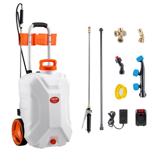 

VEVOR Battery-Powered Sprayer with Wheeled Cart, 10 Gallons Electric Weed Sprayer, Adjustable 0-80 PSI, Yard Lawn Sprayers with Wheels, 5 Nozzles & 98ft Hose, 3-6H Spray Time, for Weeding, Cleaning