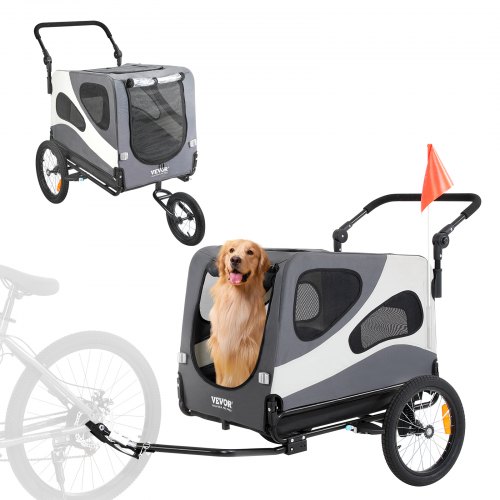 

VEVOR Dog Bike Trailer, Supports up to 45 kg, 2-in-1 Pet Stroller Cart Bicycle Carrier, Easy Folding Cart Frame with Quick Release Wheels, Universal Bicycle Coupler, Reflectors, Flag, Black/Gray