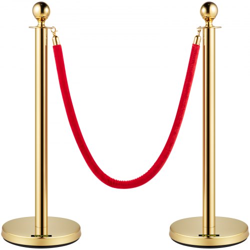 2PCS Stanchion Posts Set Queue Pole w/ Red Velvet Rope Crowd Control Barrier 