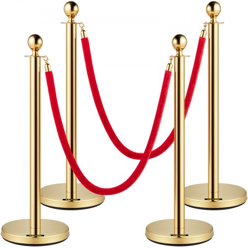 VEVOR Velvet Ropes and Posts, 5 ft/1.5 m Red Rope, Stainless Steel Gold Stanchion with Ball Top, Red Crowd Control Barrier Used for Theaters, Party, Wedding, Exhibition, Ticket Offices 4 packSets