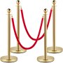VEVOR 4PCS Gold Stanchion Posts Queue Pole Red Velvet Rope Crowd Control Barrier