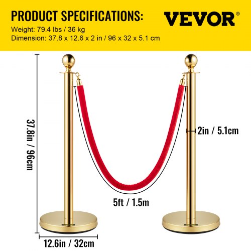 Gold Stanchion Posts Queue Pole 5Ft 3 Red Velvet Ropes Crowd Control Barrier 6PCS Stanchion Set