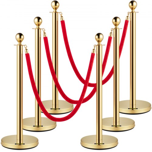VEVOR Velvet Ropes and Posts, 5 ft/1.5 m Red Rope, Stainless Steel Gold Stanchion with Ball Top, Red Crowd Control Barrier Used for Theaters, Party, W
