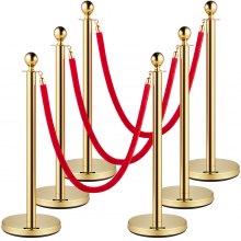 VEVOR 6PCS Gold Stanchion Posts Queue Pole Red Velvet Rope Crowd Control Barrier