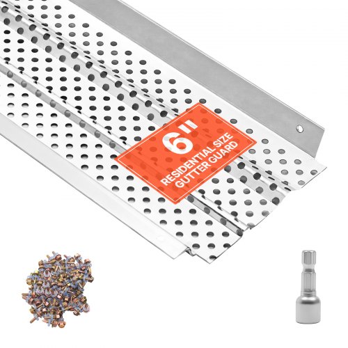 Vevor Gutter Guard, 6 in Aluminum Gutter Cover Heavy-Duty, 52ft Length Protection Cover for Leaf & Debris, 0.02 in Thickness Mill Finish, Easy DIY Install, Fast Drainage, Screws Included, 13 PCS