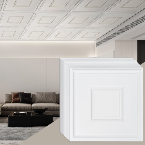 VEVOR Deckenfliesen, 12er-Pack 24 x 24 Zoll, abgehängte Deckenfliesen aus hochwertigem PVC-Blatt, einfache Installation/Zuschneiden, Kunststoff-Deckenfliesen zum Aufkleben, Deckenverkleidung für die Dekoration zu Hause/im Büro, weiß geometrisch