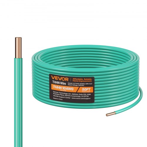 

VEVOR 10 AWG Solid THHN Wire, 100% OFC Copper Electrical Building Wire with Nylon Jacket PVC Insulation, Rated for Up to 600 Volts, Heavy-Duty for Residential, Industrial, Commercial, Green (50 Feet)