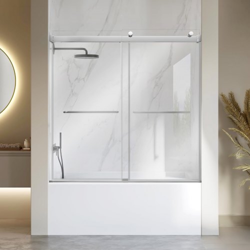 VEVOR Bathtub Shower Door 60"W x 60"H Frameless Bypass Sliding Doors Silver, 5/16" Clear Tempered Glass, Double Sliding Tub Shower Doors with 2 Stainless Steel Handles, Nano Coating, for Bathroom Tubs