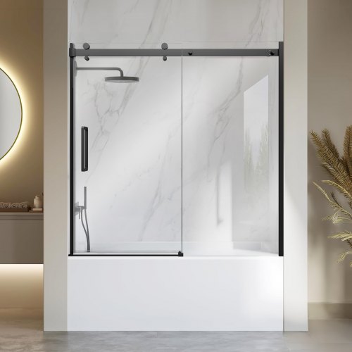 VEVOR Bathtub Shower Door 60" W x 60" H Semi-Frameless Sliding Door Black, 5/16" Thick Clear Tempered Glass, Sliding Tub Shower Door with 2 Stainless Steel Handles, Nano Coating, for Bathroom Tubs