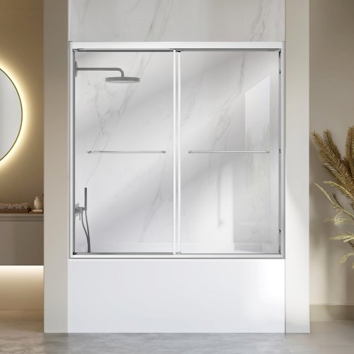 VEVOR Bathtub Shower Door 60" W x 60" H Semi-Frameless Bypass Sliding Doors, 1/4" Clear Tempered Glass, Aluminum Slim Frame, Double Sliding Tub Shower Doors with 2 Stainless Steel Handles, Silver