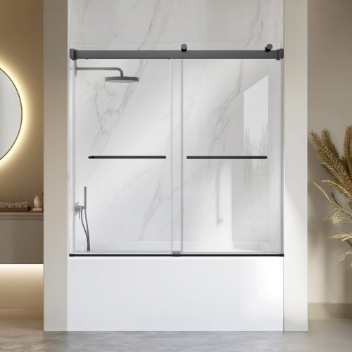 

VEVOR Bathtub Shower Door 60"W x 60"H Frameless Bypass Sliding Doors Black, 5/16" Clear Tempered Glass, Double Sliding Tub Shower Doors with 2 Stainless Steel Handles, Nano Coating, for Bathroom Tubs