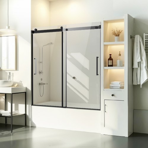 VEVOR Frameless Sliding Bathtub Door, 56-60 in. W x 60 in. H, Frameless Shower Glass Door, Frameless Double Sliding Tub Door with 5/16 in Clear Tempered Glass and Stainless Steel Handle, Black Finish TLYGM60W62HI3IDVNV0