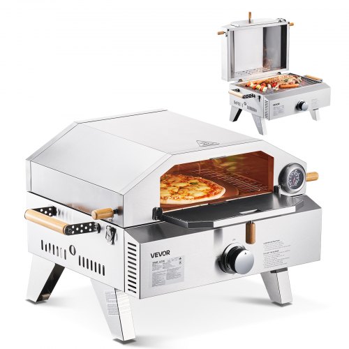 

VEVOR Outdoor Pizza Oven, 13 in Gas Fired Pizza-Maker, Portable Outside Gas Oven with Thickened Cordierite Pizza-Stone, and Built-in Thermometer, Pizza or Grill Two Modes, for Camping & Backyard
