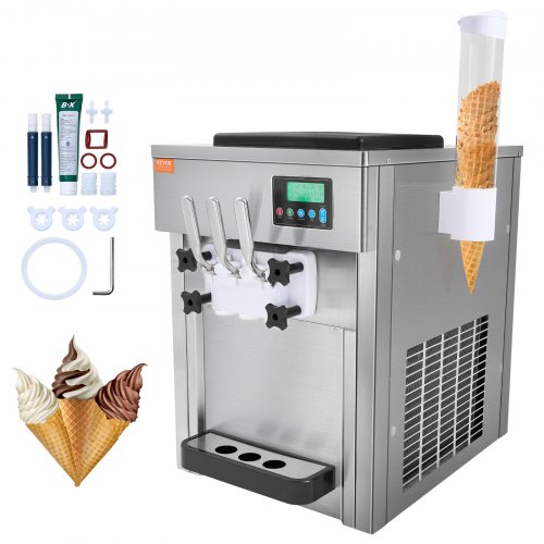 

VEVOR Commercial Ice Cream Machine, 21 QT/H Yield, 1800W 3-Flavor Countertop Soft Serve Ice Cream Maker, 2 x 4L Hopper 2 x 1.8L Cylinder, LCD Panel Auto Clean Pre-cooling, for Restaurant Snack Bar