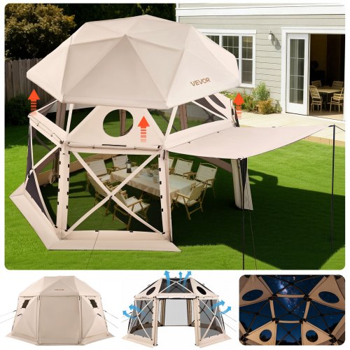 

VEVOR Pop up Gazebo Screen Tent, 15 x 15 ft, 13-Sided Spherical Camping Canopy Tent with Removable Top & Carry Bag, Quick-Set & Bite-Proof, Screen House Sun Shelter for 12-15 Persons, Beige