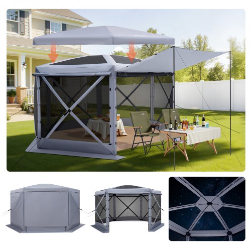 

VEVOR Pop up Gazebo Screen Tent, 12 x 12 ft Large 6-Sided Camping Canopy Tent with Removable Top & Carry Bag, Quick-Set & Bite-Proof, Screen House Sun Shelter for 8-10 Persons Backyard Patio, Grey
