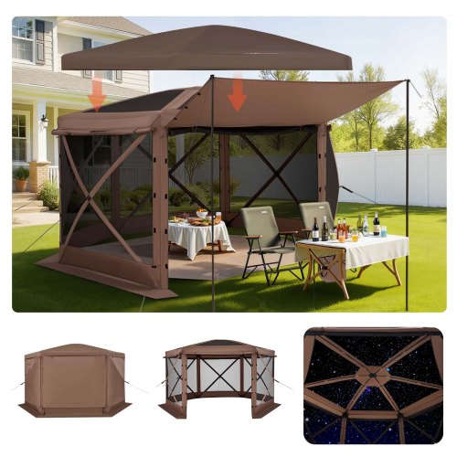 

VEVOR Pop up Gazebo Screen Tent, 12 x 12 ft Large 6-Sided Camping Canopy Tent with Removable Top & Carry Bag, Quick-Set & Bite-Proof, Screen House Sun Shelter for 8-10 Persons Backyard Patio, Brown