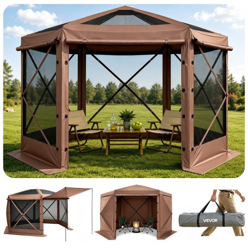 VEVOR Pop up Gazebo Screen Tent, 15 x 15 ft Large 8-Sided Camping Canopy Tent with Removable Top & Carry Bag, Quick-Set & Bite-Proof, Screen House Sun Shelter for 12-15 Persons Backyard Patio, Brown