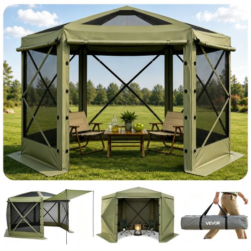 VEVOR Pop up Gazebo Screen Tent, 10 x 10 ft Large 6-Sided Camping Canopy Tent with Removable Top & Carry Bag, Quick-Set & Bite-Proof, Screen House Sun Shelter for 6-8 Persons Backyard Patio, Green