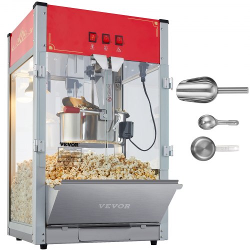 VEVOR Popcorn Maker, 1440W Popcorn Popper Machine, 12 Oz Kettle Makes 80 Cups per Batch, Countertop Popcorn Maker with Tempered Glass, 3 Stainless Steel Scoops, Movie Theater Style, Red