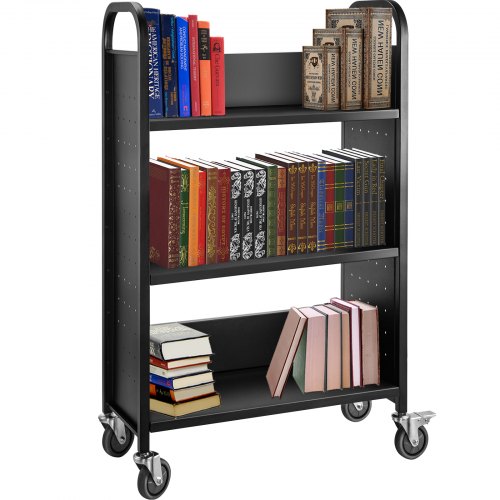 Book Cart Library Cart 200lb with Single Sided L-Shaped Sloped Shelves in Black